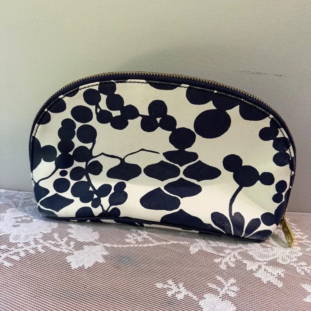 Trina Turk Cosmetic Bag Womens OS Navy White Floral Good Saffiano Dome Pouch